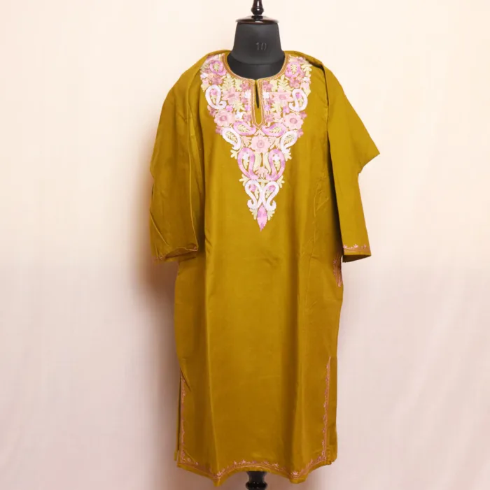 Mehndi Green Cashmilon Pheran | Feran Featuring Aari Work - Meer Collection - Image 2