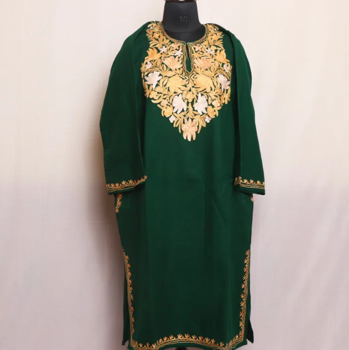 Dark Green Kashmiri Cashmilon Pheran | Feran with Artistic Aari Embroidery - Meer Collection - Image 2