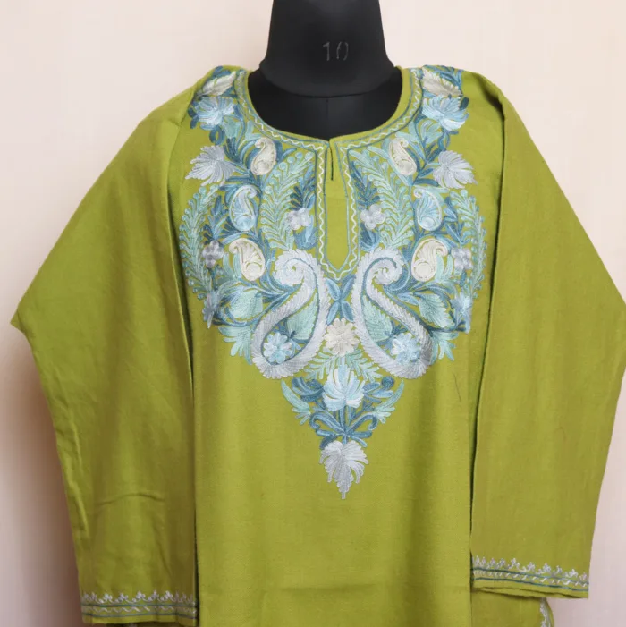 Green Cashmilon Pheran | Feran with Aari Embroidery Details - Meer Collection