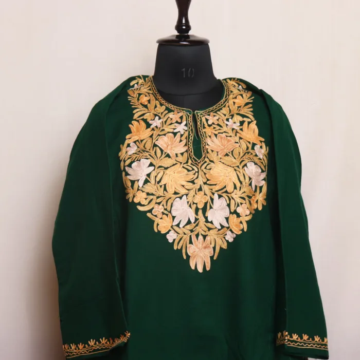 Dark Green Kashmiri Cashmilon Pheran | Feran with Artistic Aari Embroidery - Meer Collection