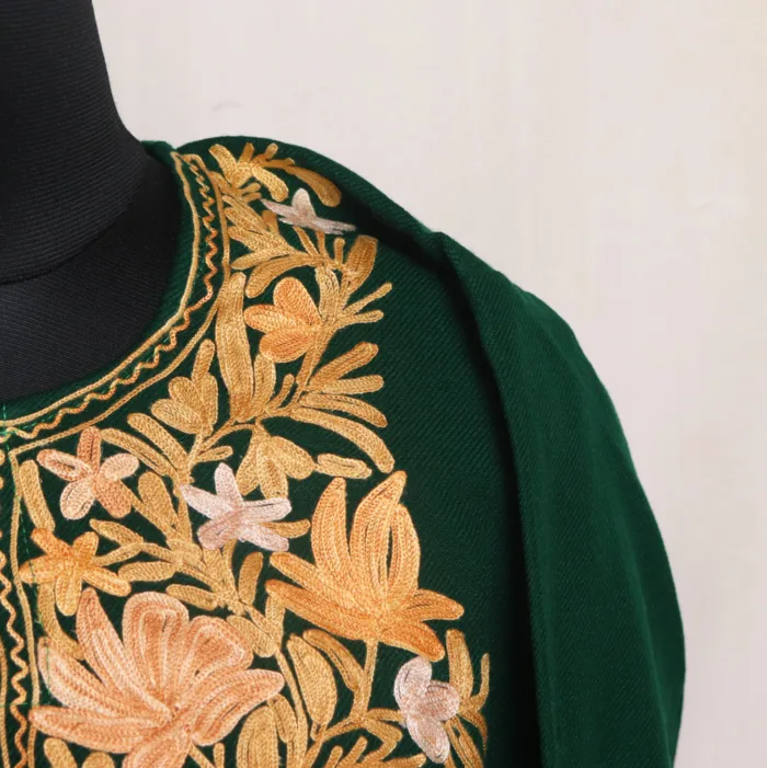 Dark Green Kashmiri Cashmilon Pheran | Feran with Artistic Aari Embroidery - Meer Collection - Image 3