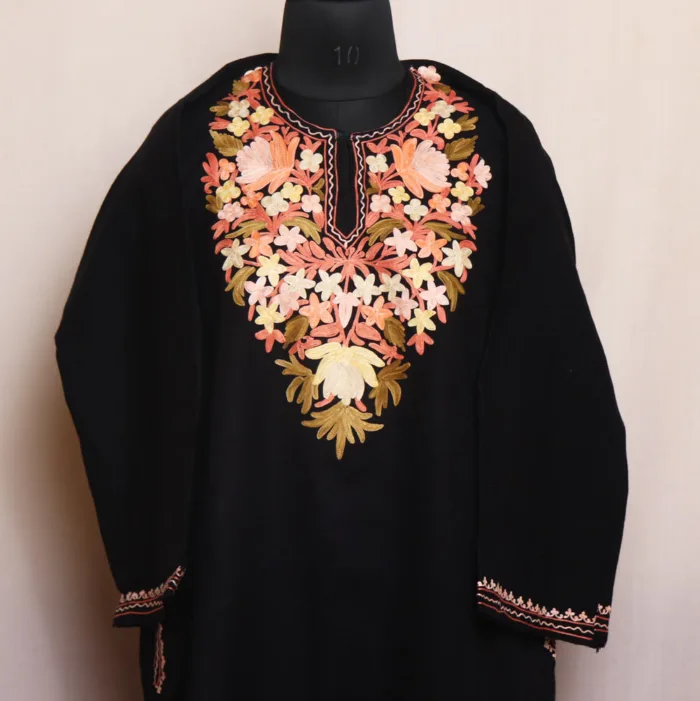 Beautifully Crafted Black Cashmilon Pheran | Feran with Aari Patterns - Meer Collection