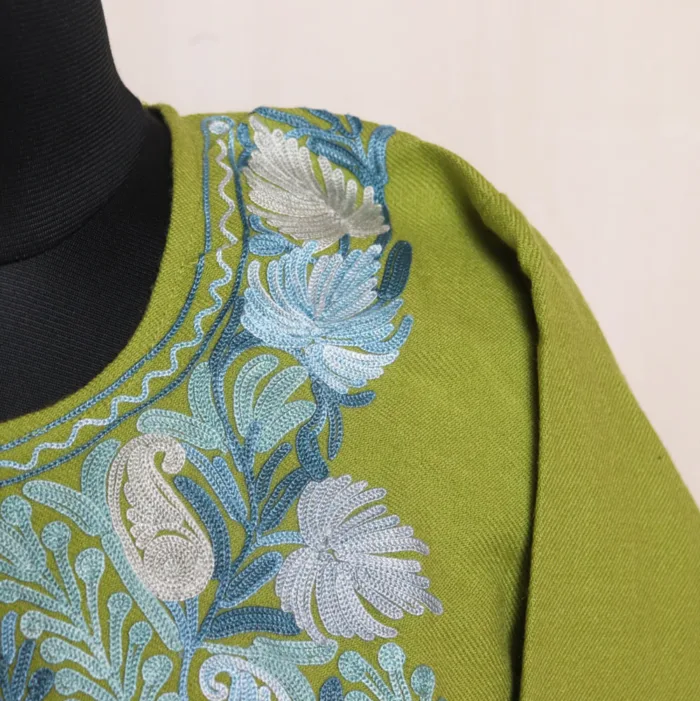 Green Cashmilon Pheran | Feran with Aari Embroidery Details - Meer Collection - Image 3