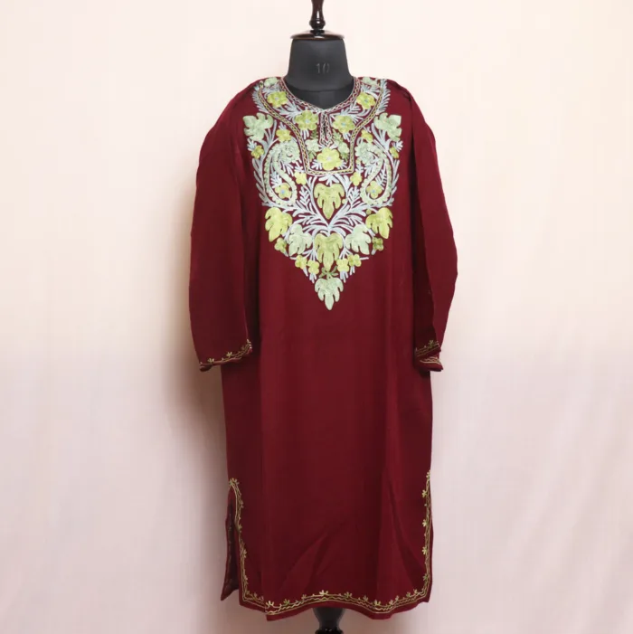 Maroon Kashmiri Craft Cashmilon Pheran | Feran with Aari Detailing - Meer Collection - Image 2