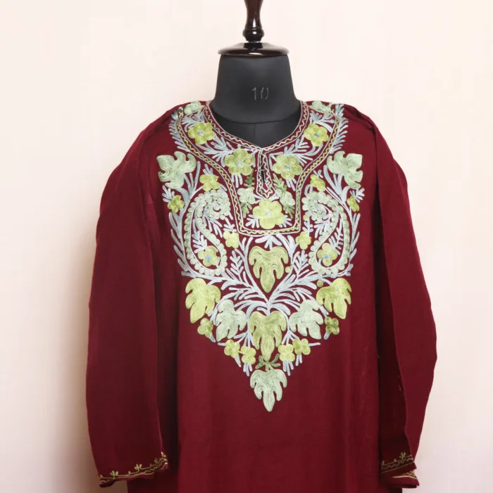 Maroon Kashmiri Craft Cashmilon Pheran | Feran with Aari Detailing - Meer Collection