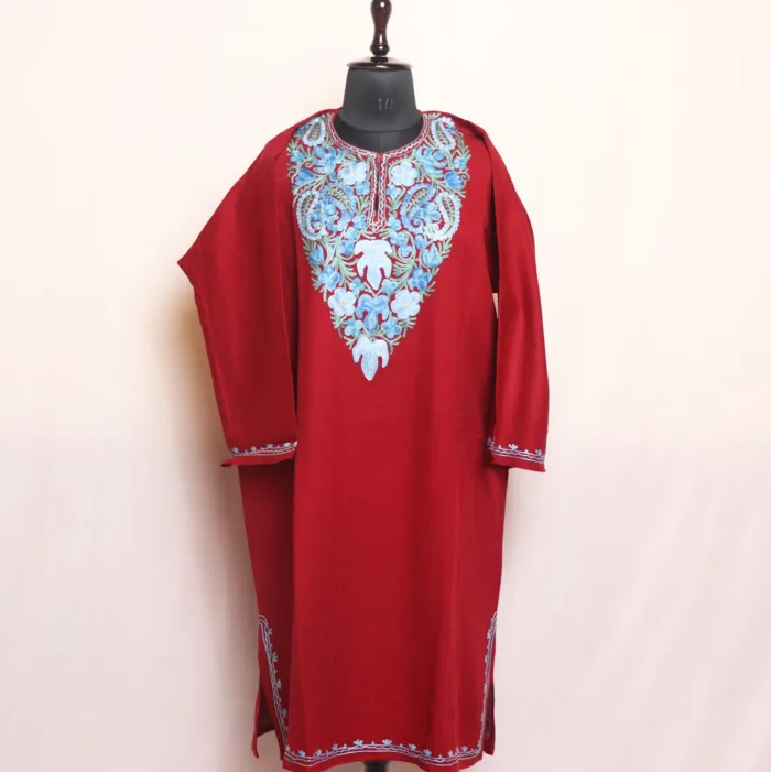 Dark Red Embroidered Cashmilon Pheran | Feran with Aari Motifs - Meer Collection - Image 2