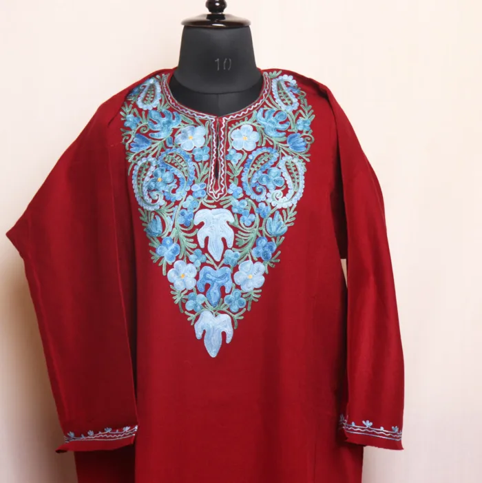 Dark Red Embroidered Cashmilon Pheran | Feran with Aari Motifs - Meer Collection