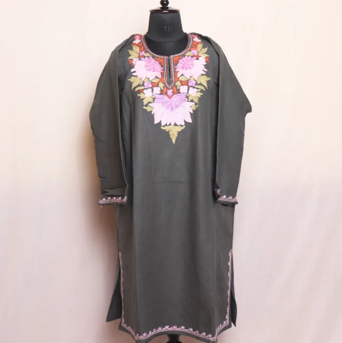 Kashmiri Aari Embroidered Grey Cashmilon Pheran | Feran - Meer Collection - Image 2