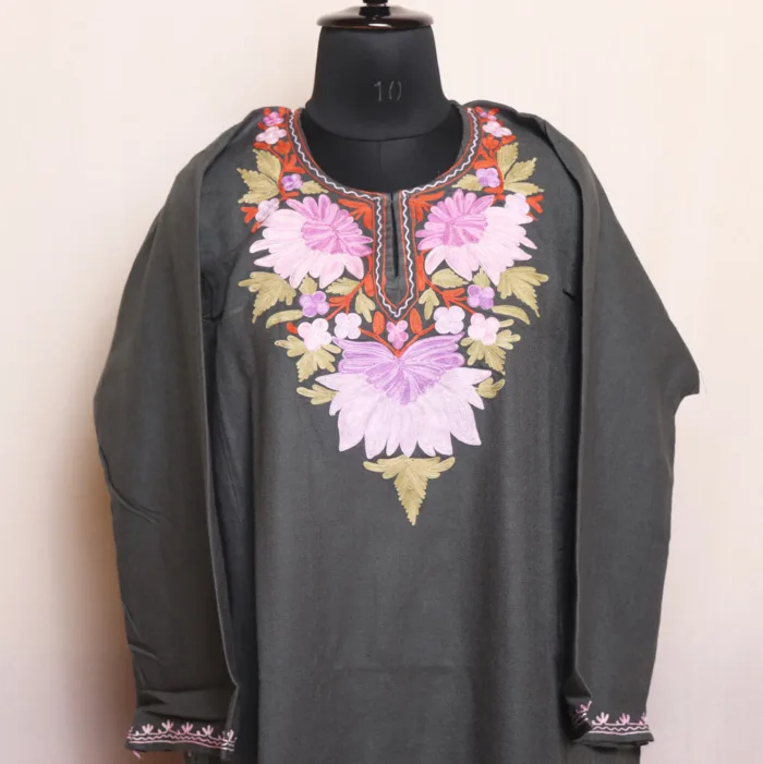 Kashmiri Aari Embroidered Grey Cashmilon Pheran | Feran - Meer Collection