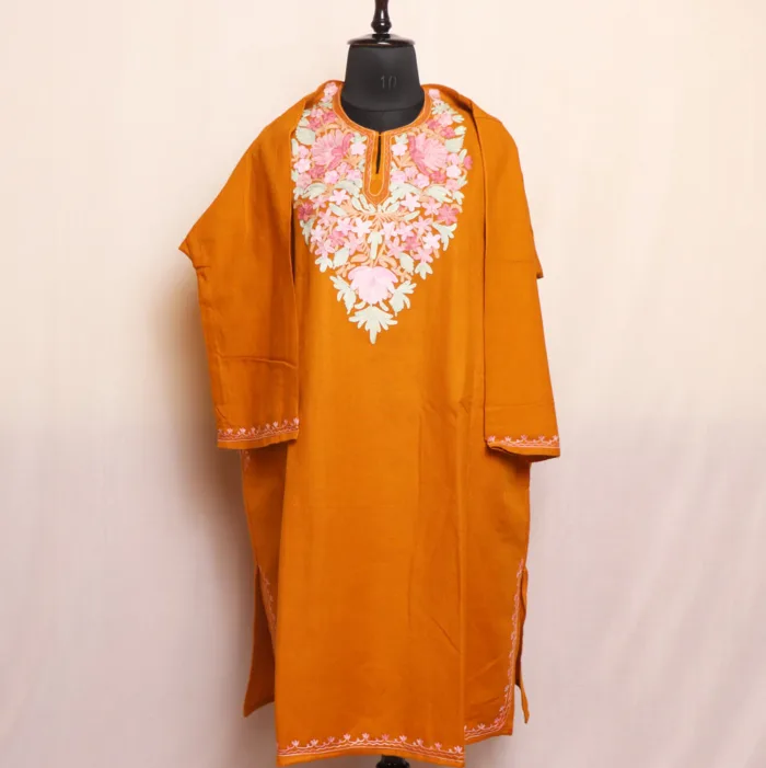 Mustard Aari Embroidered Cashmilon Pheran | Feran for Winters - Meer Collection - Image 2