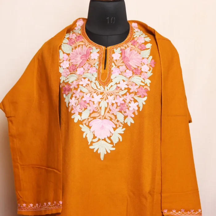 Mustard Aari Embroidered Cashmilon Pheran | Feran for Winters - Meer Collection