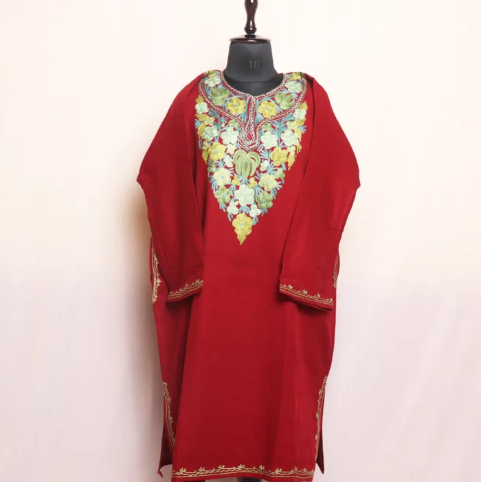 Beautiful Maroon Cashmilon Pheran | Feran with Exquisite Aari Work - Meer Collection - Image 2