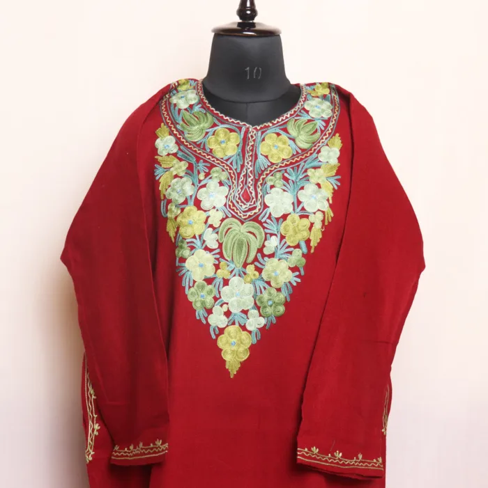 Beautiful Maroon Cashmilon Pheran | Feran with Exquisite Aari Work - Meer Collection