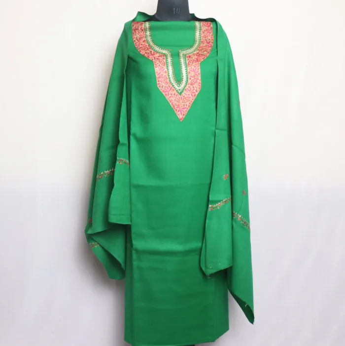 Green 3pc Woolen Paper Machie Handwork Suit with Hand Sozni Embroidery - Bareen Collection