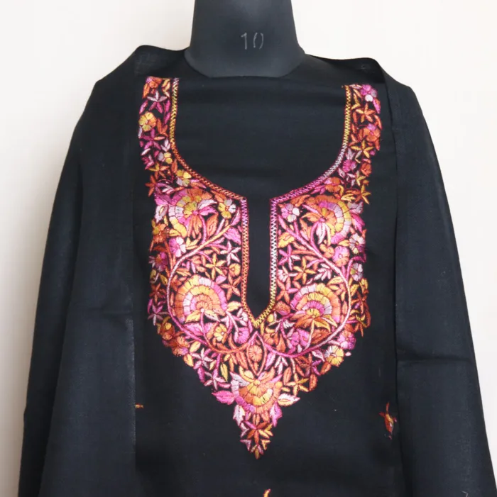 Black 3pc Woolen Suit with Hand Sozni Embroidery and Paper Machie Handwork - Bareen Collection - Image 2