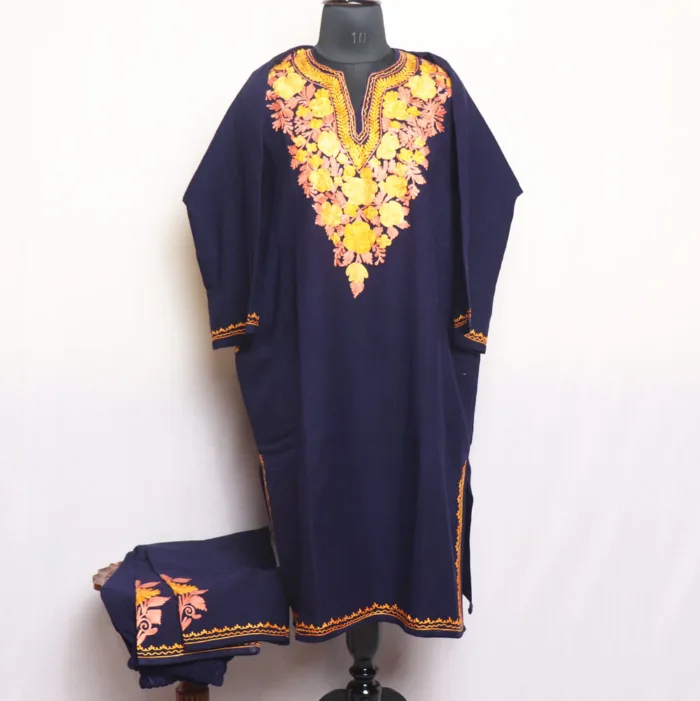 Navy Blue Cashmilon Pheran Set with Trouser and Aari Work - Zarafshah Collection