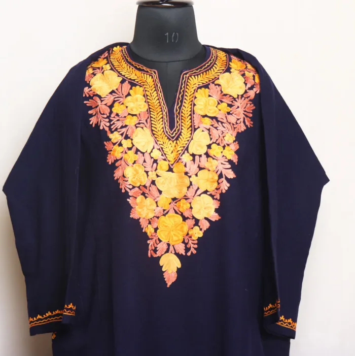 Navy Blue Cashmilon Pheran Set with Trouser and Aari Work - Zarafshah Collection - Image 2