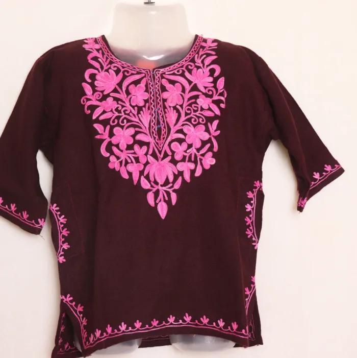 Maroon Girls Pheran with Aari Embroidery in Cashmilon Fabric - Meesha Collection ( 1-2y)