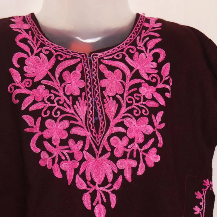 Maroon Girls Pheran with Aari Embroidery in Cashmilon Fabric - Meesha Collection ( 1-2y) - Image 2