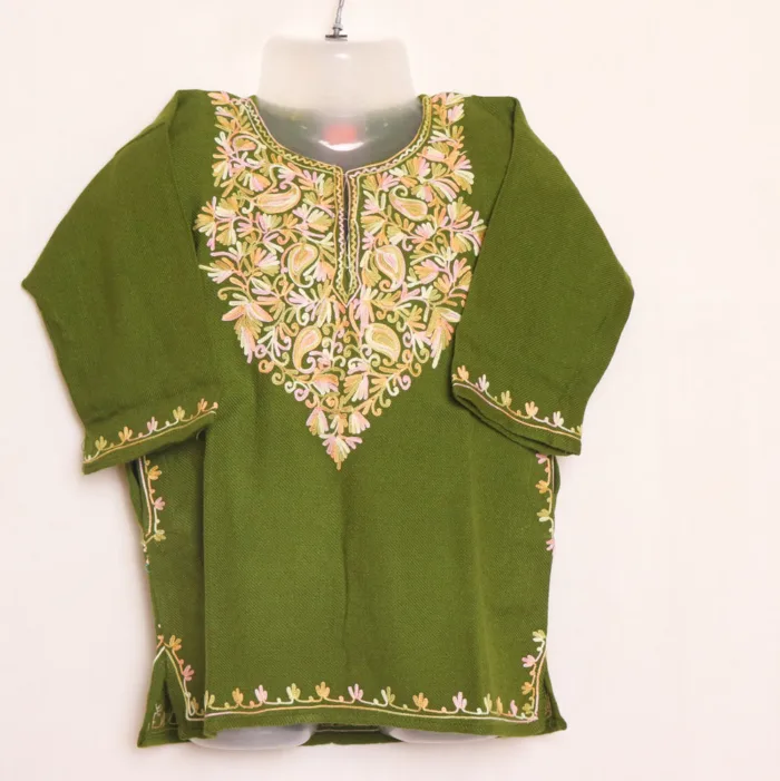 Olive Green Cashmilon Girls Pheran with Beautiful Aari Embroidery - Meesha Collection ( 1-2y)