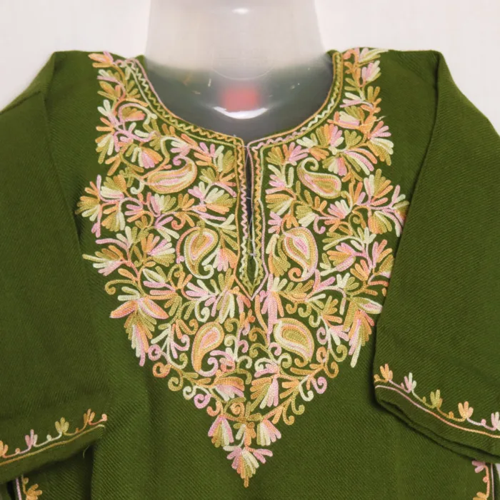 Olive Green Cashmilon Girls Pheran with Beautiful Aari Embroidery - Meesha Collection ( 1-2y) - Image 2