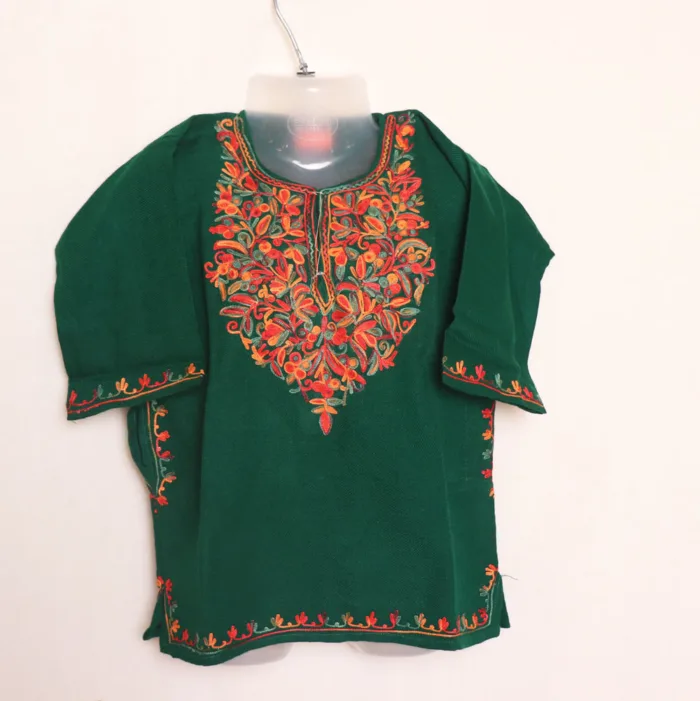 Green Cashmilon Girls Pheran with Elegent Aari Embroidery - Meesha Collection ( 1-2 y)