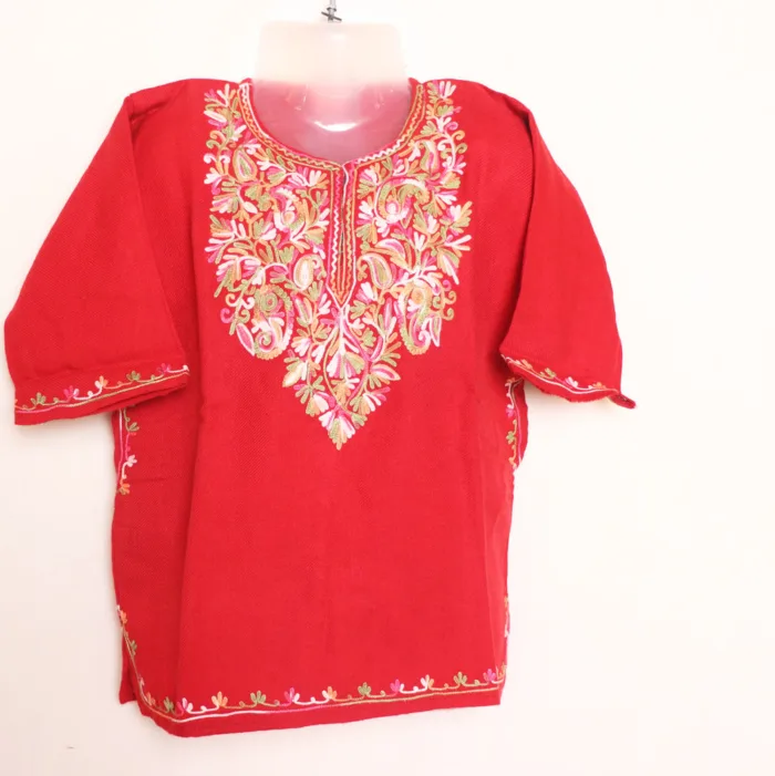 Red Girls Pheran with Beautiful Aari Detailing in Cashmilon - Meesha Collection ( 1-2y)