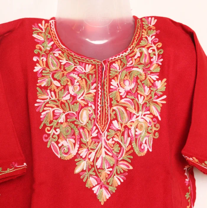 Red Girls Pheran with Beautiful Aari Detailing in Cashmilon - Meesha Collection ( 1-2y) - Image 2