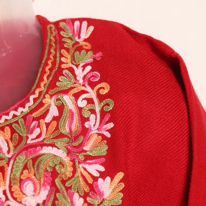 Red Girls Pheran with Beautiful Aari Detailing in Cashmilon - Meesha Collection ( 1-2y) - Image 3