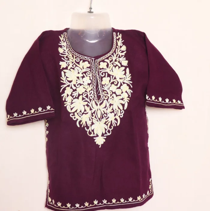 Classic Magenta Girls Pheran with Aari Embroidery in Cashmilon - Meesha Collection ( 2-3y)