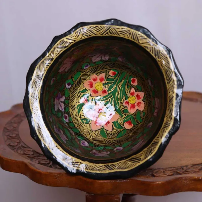 Traditional Hand-Painted Paper Mache Bowl with Elegant Patterns - Image 3