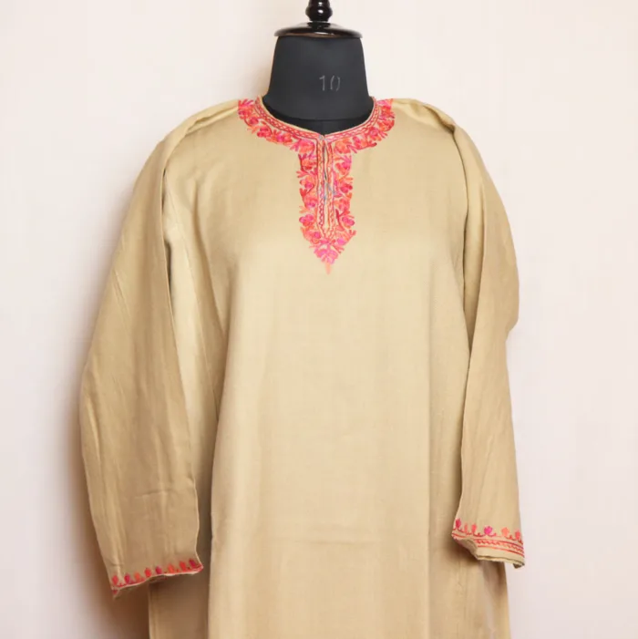 Sophisticated Beige Cashmilon Pheran with Heavy damaan Aari Work - Zikr Collection - Image 2