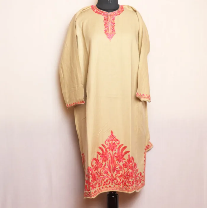 Sophisticated Beige Cashmilon Pheran with Heavy damaan Aari Work - Zikr Collection