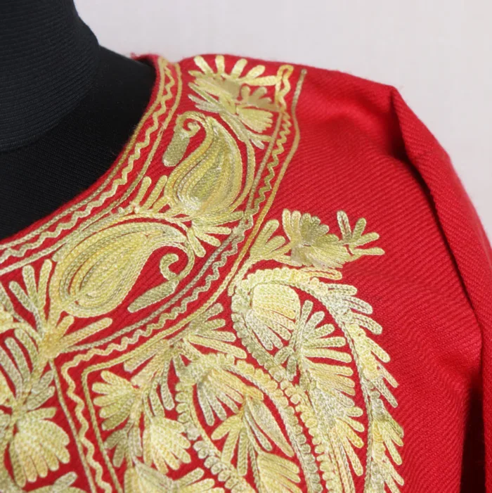 Red Cashmilon Pheran with Elegent Aari Detailing - Zikr Collection - Image 3