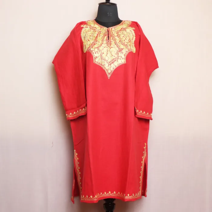 Red Cashmilon Pheran with Elegent Aari Detailing - Zikr Collection - Image 2