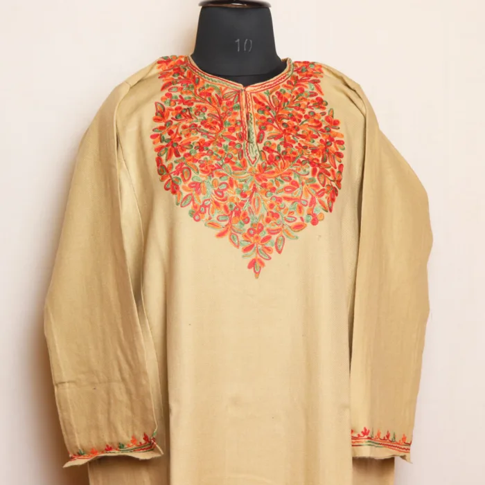 Classic Beige Cashmilon Pheran with Aari Embroidery - Zikr Collection