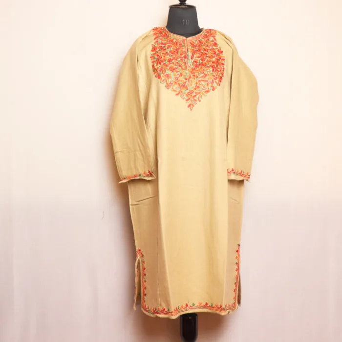 Classic Beige Cashmilon Pheran with Aari Embroidery - Zikr Collection - Image 2