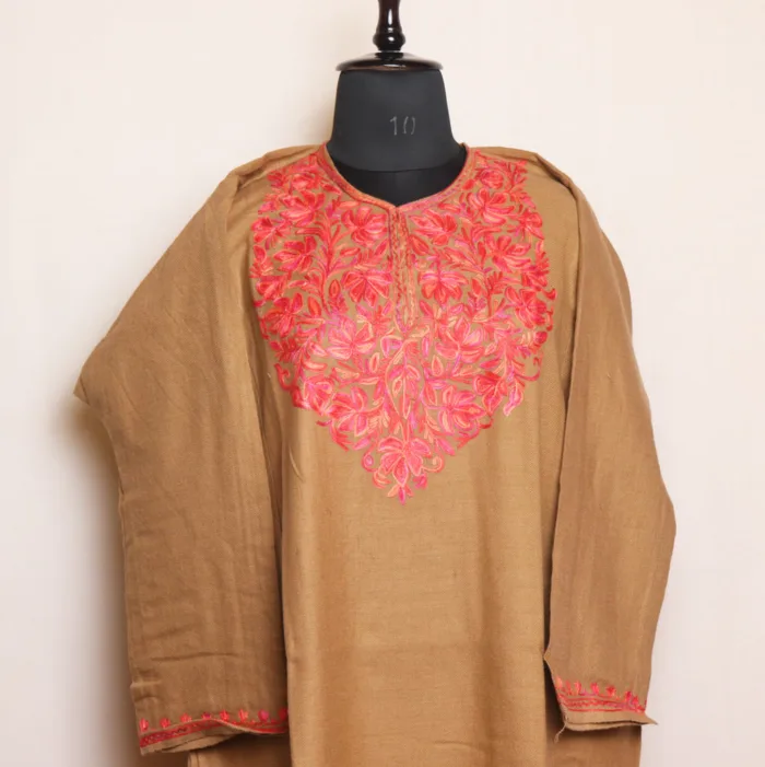 Beige Cashmilon Pheran with Detailed Aari Embroidery - Zikr Collection