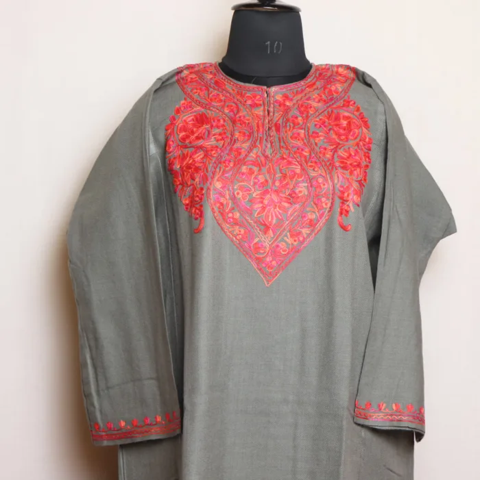 Beige Cashmilon Pheran with Detailed Aari Embroidery | Zikar-E-Jazbaat