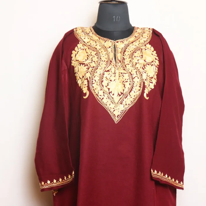 Stunning Maroon Aari Embroidered Cashmilon Pheran | Zikar-E-Jazbaat