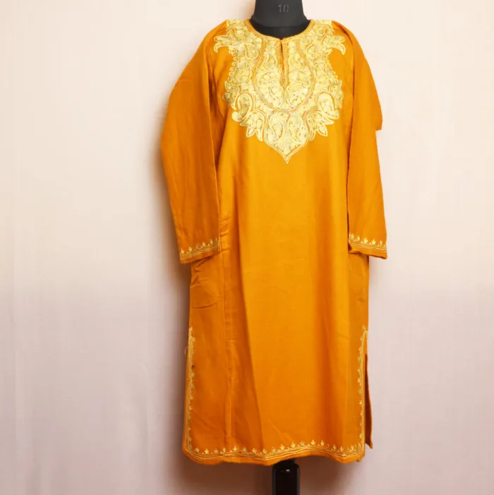 Stunning Mustard Aari Embroidered Cashmilon Pheran | Zikar-E-Jazbaat - Image 2