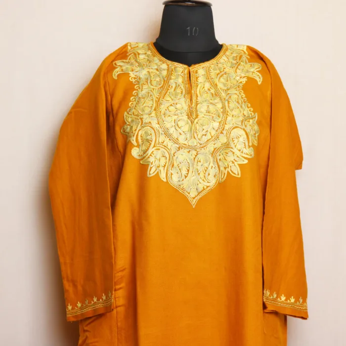 Stunning Mustard Aari Embroidered Cashmilon Pheran | Zikar-E-Jazbaat