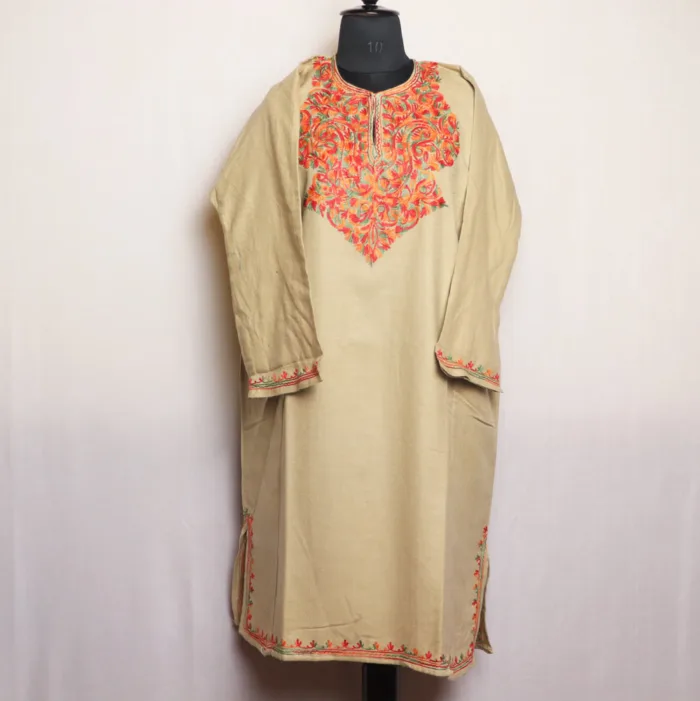 Beige Cashmilon Pheran with Elegant Aari Embroidery | Gul-Hawal Collection - Image 2