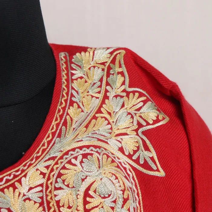 Soft Red Aari Embroidered Cashmilon Pheran | Gul-Hawal Collection - Image 3