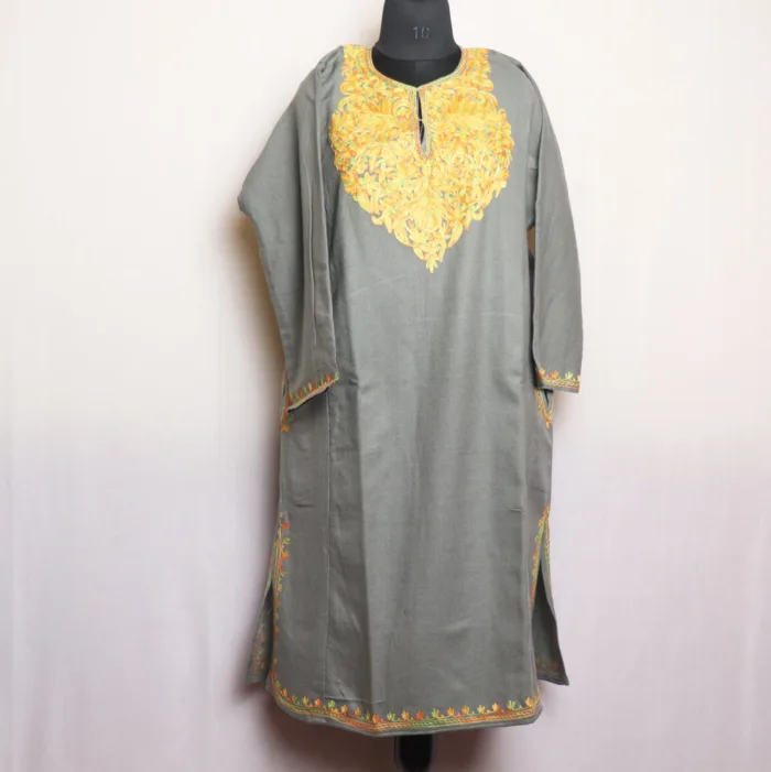 Beige Grey Cashmilon Pheran with Fine Aari Embroidery | Gul-Hawal Collection - Image 2