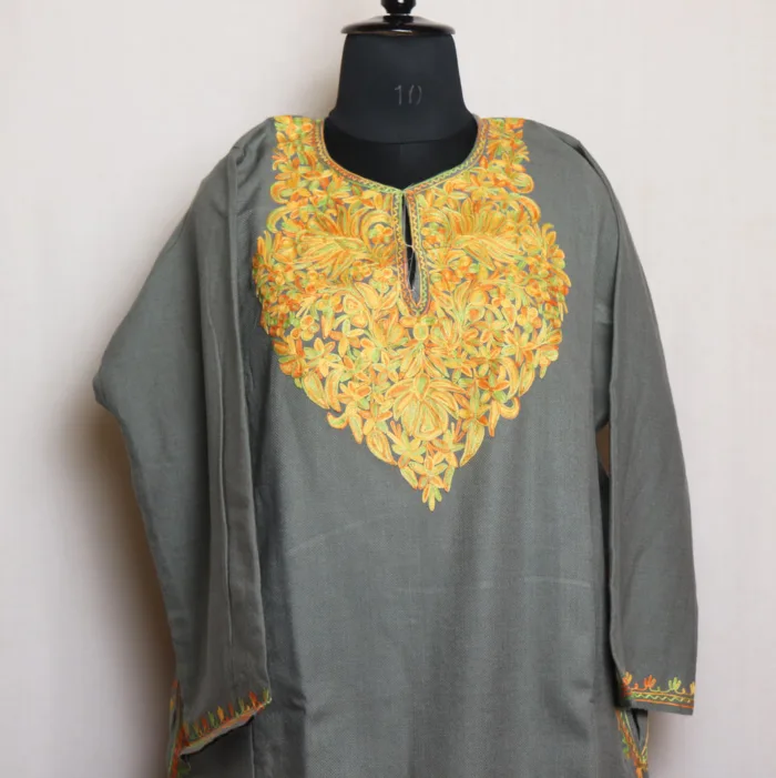 Beige Grey Cashmilon Pheran with Fine Aari Embroidery | Gul-Hawal Collection