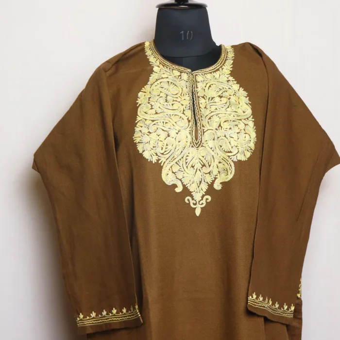 Chocolate Brown Cashmilon Pheran in Aari Embroidery | Gul-Hawal Collection