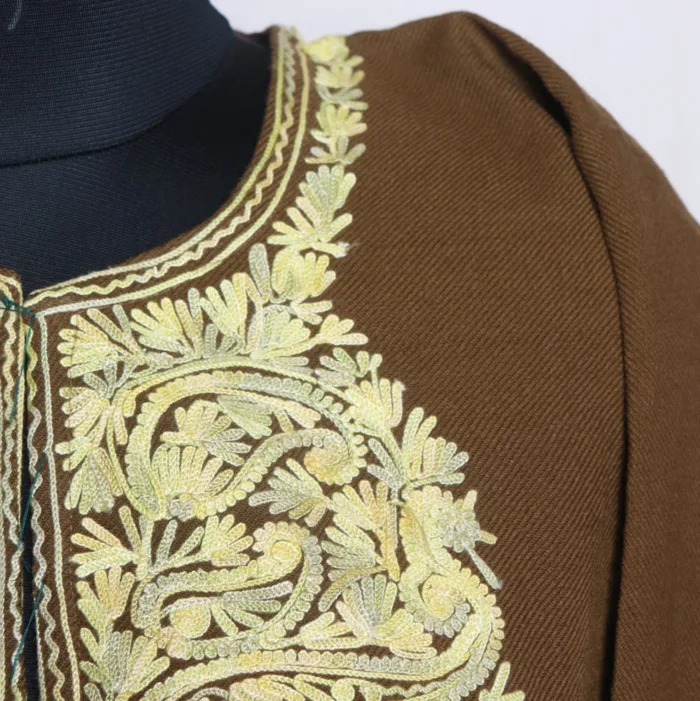 Chocolate Brown Cashmilon Pheran in Aari Embroidery | Gul-Hawal Collection - Image 3