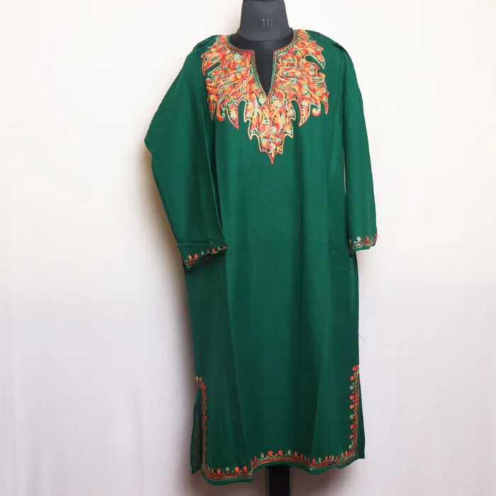 Dark Green Cashmilon Pheran with Adorable Aari Work | Gul-Hawal Collection