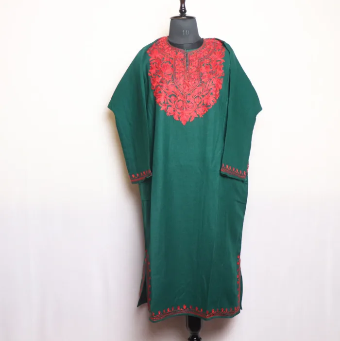 Dark Green Aari Embroidered Cashmilon Pheran for Women | Gul-Hawal Collection - Image 2